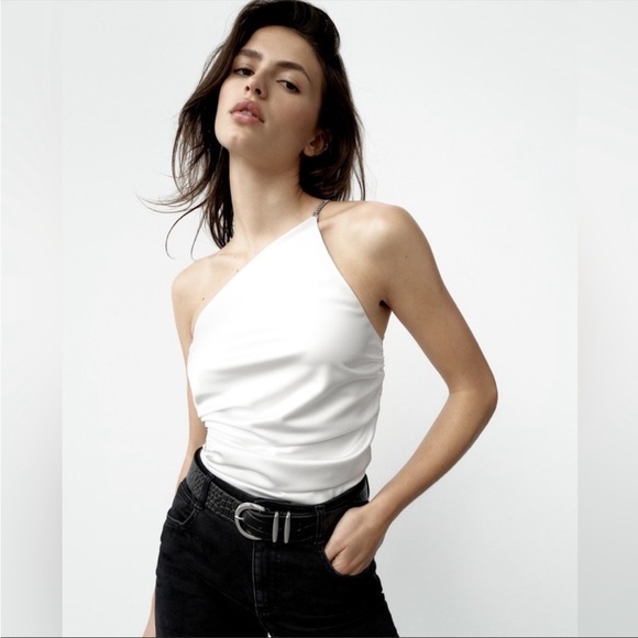 Zara Asymmetric Bejeweled Strap One Shoulder Satin Cut-Out Side Ruched Top - Picture 4 of 4